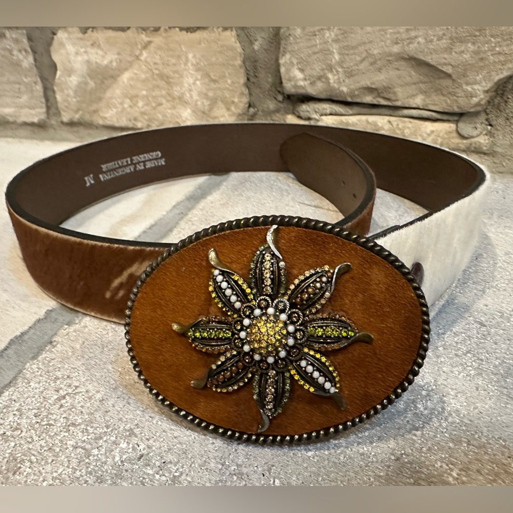 Brown and White cowhide belt with Floral Buckle